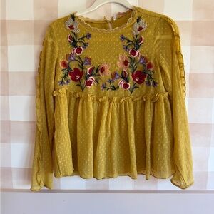 Zara Mustard Yellow Floral Embroidered Peplum Blouse